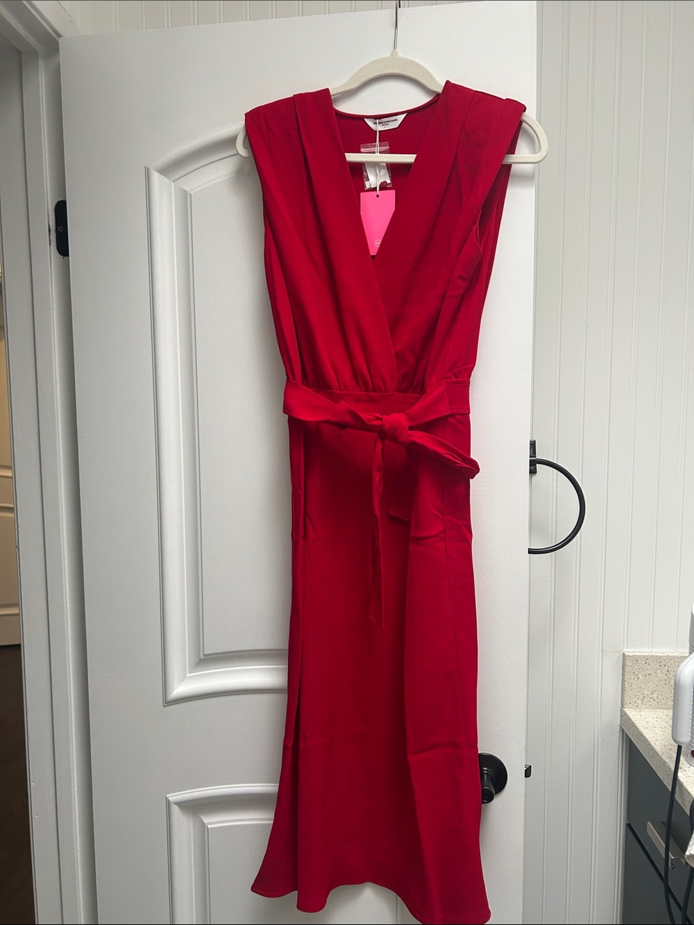 Amanda Uprichard Red Wrap-Style Midi Dress with Waist Tie